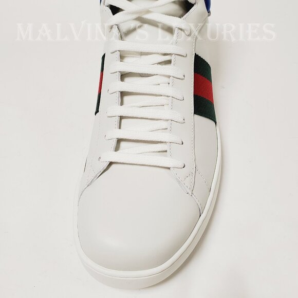 GUCCI SNEAKERS MENS ACE HIGH TOP WHITE LEATHER WEB STRIPE SHOES sz 10G 10.5 - Picture 7 of 12